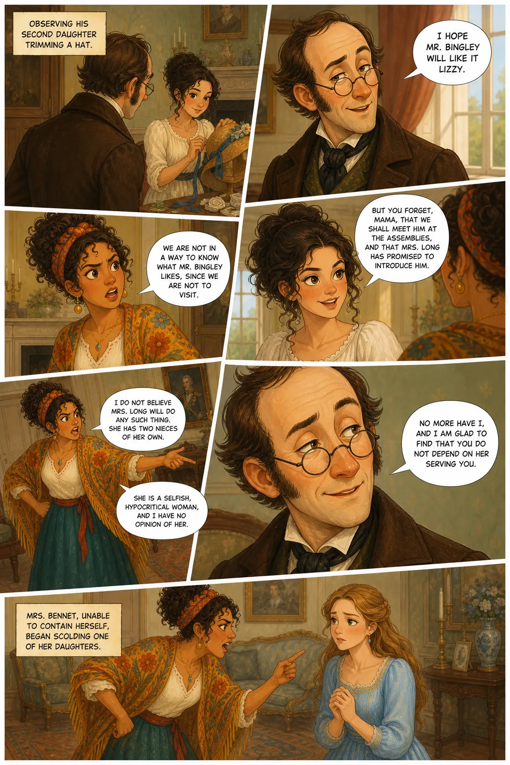 Pride and Prejudice, illustrated page 5: Observing his second daughter trimming a hat,