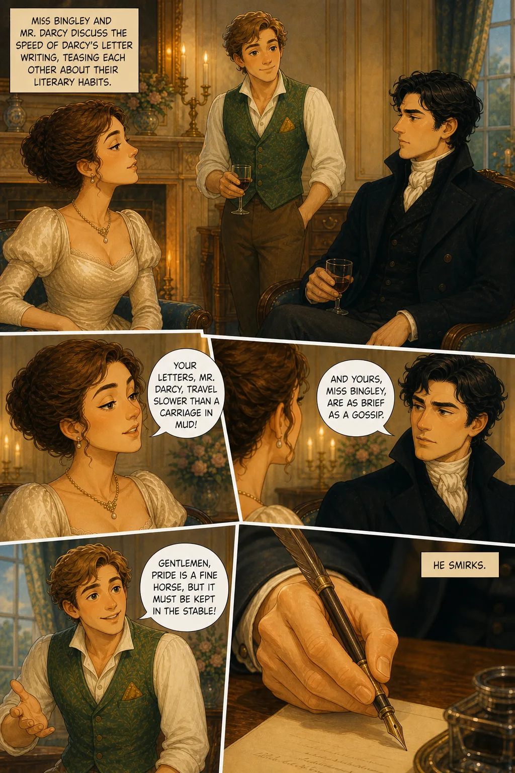 Pride and Prejudice, illustrated page 43: Miss Bingley and Mr. Darcy discuss the speed of Darcy’s letter writing, teasing each other about their literary habits.