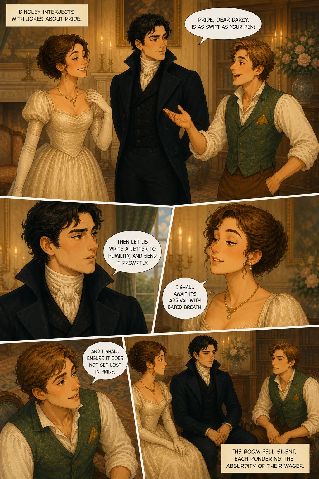Pride and Prejudice, illustrated page 45: Bingley interjects with jokes about pride.