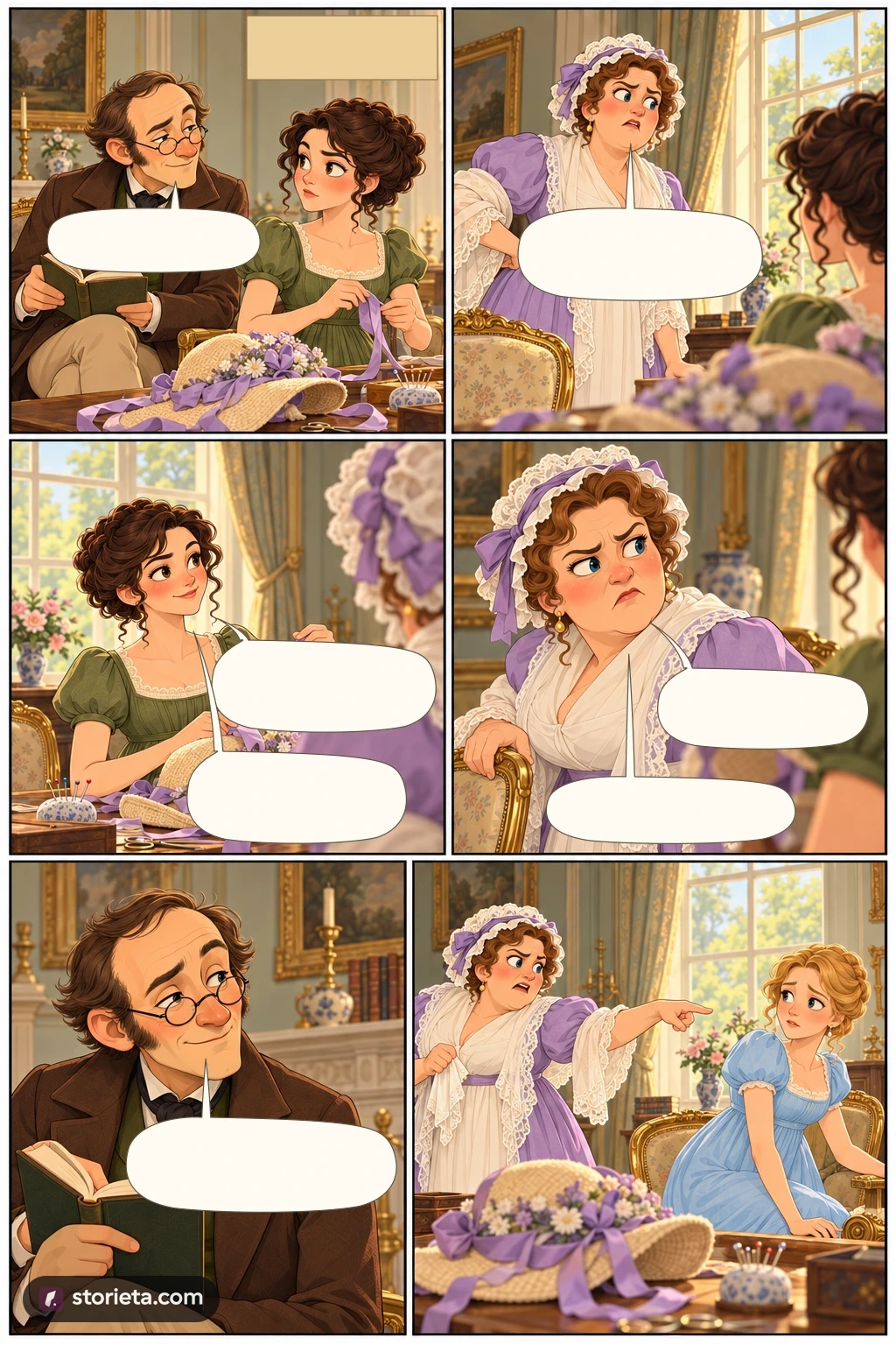 Pride and Prejudice, illustrated page 7: Elizabeth was trimming a hat.