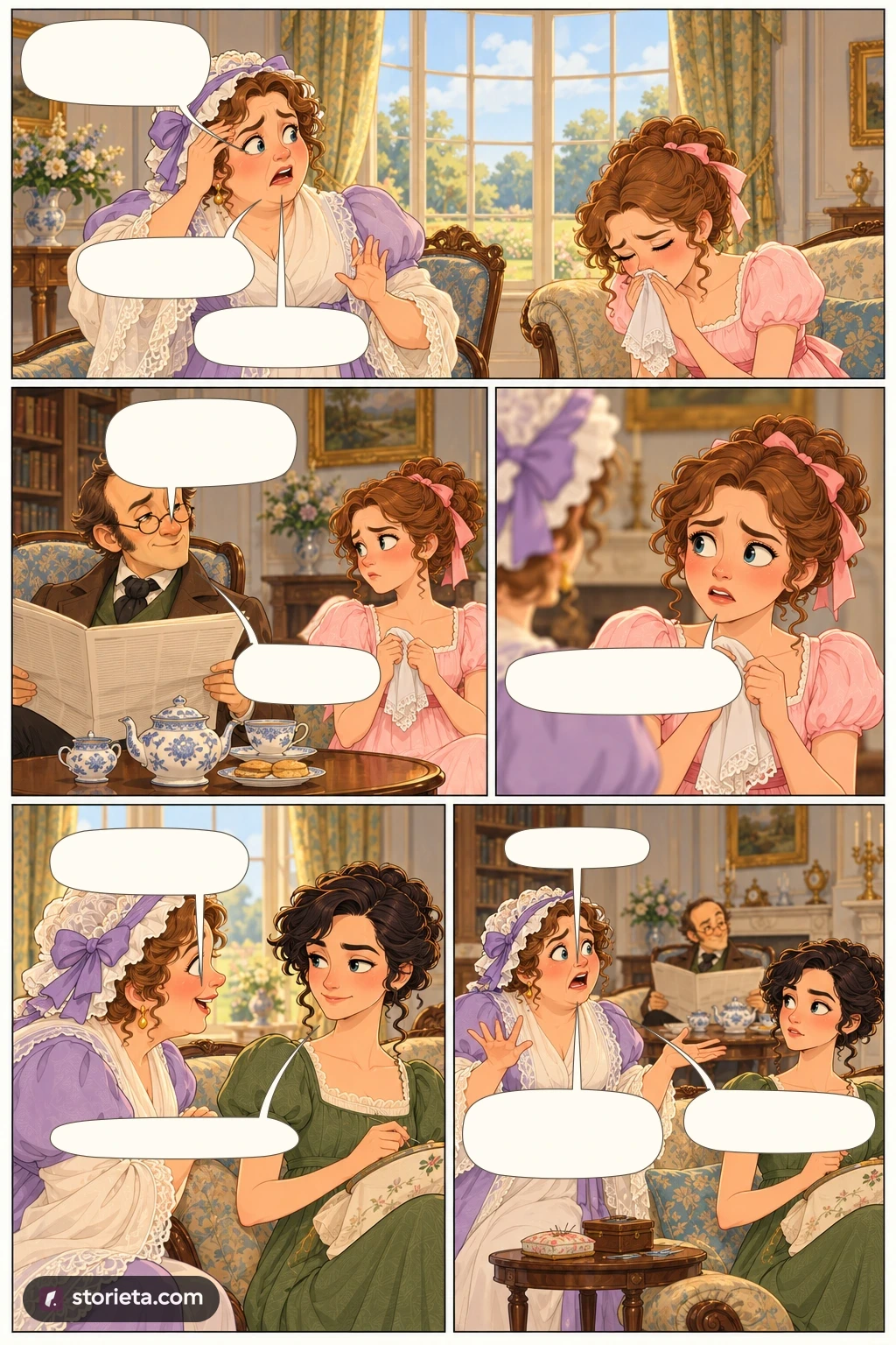 Pride and Prejudice, illustrated page 8: Stop coughing, Kitty, for heaven's sake!