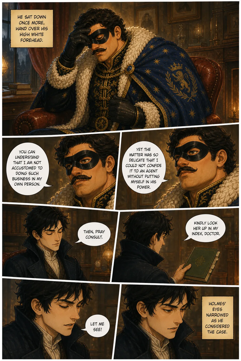 The Adventures of Sherlock Holmes, illustrated page 12: He sat down once more, hand over his high white forehead.