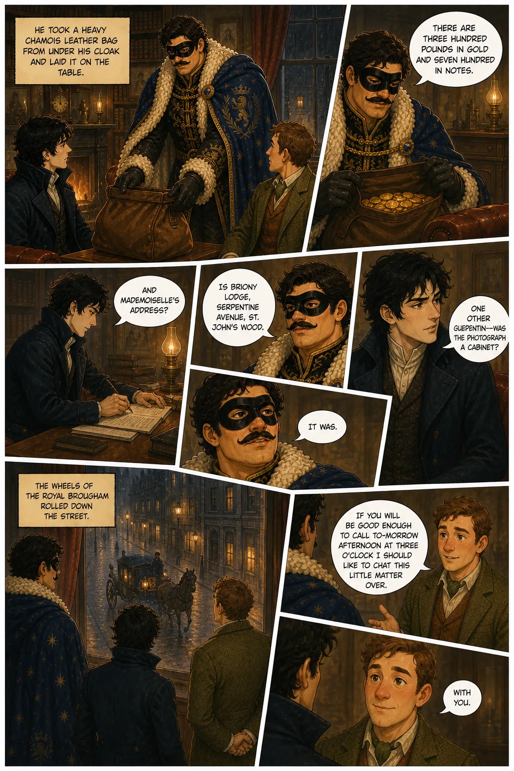 The Adventures of Sherlock Holmes, illustrated page 14: He took a heavy chamois leather bag from under his cloak and laid it on the table.