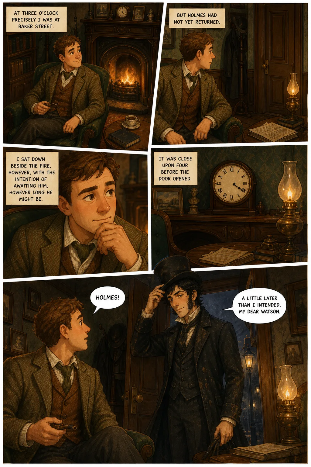 The Adventures of Sherlock Holmes, illustrated page 15: At three o’clock precisely I was at Baker Street,