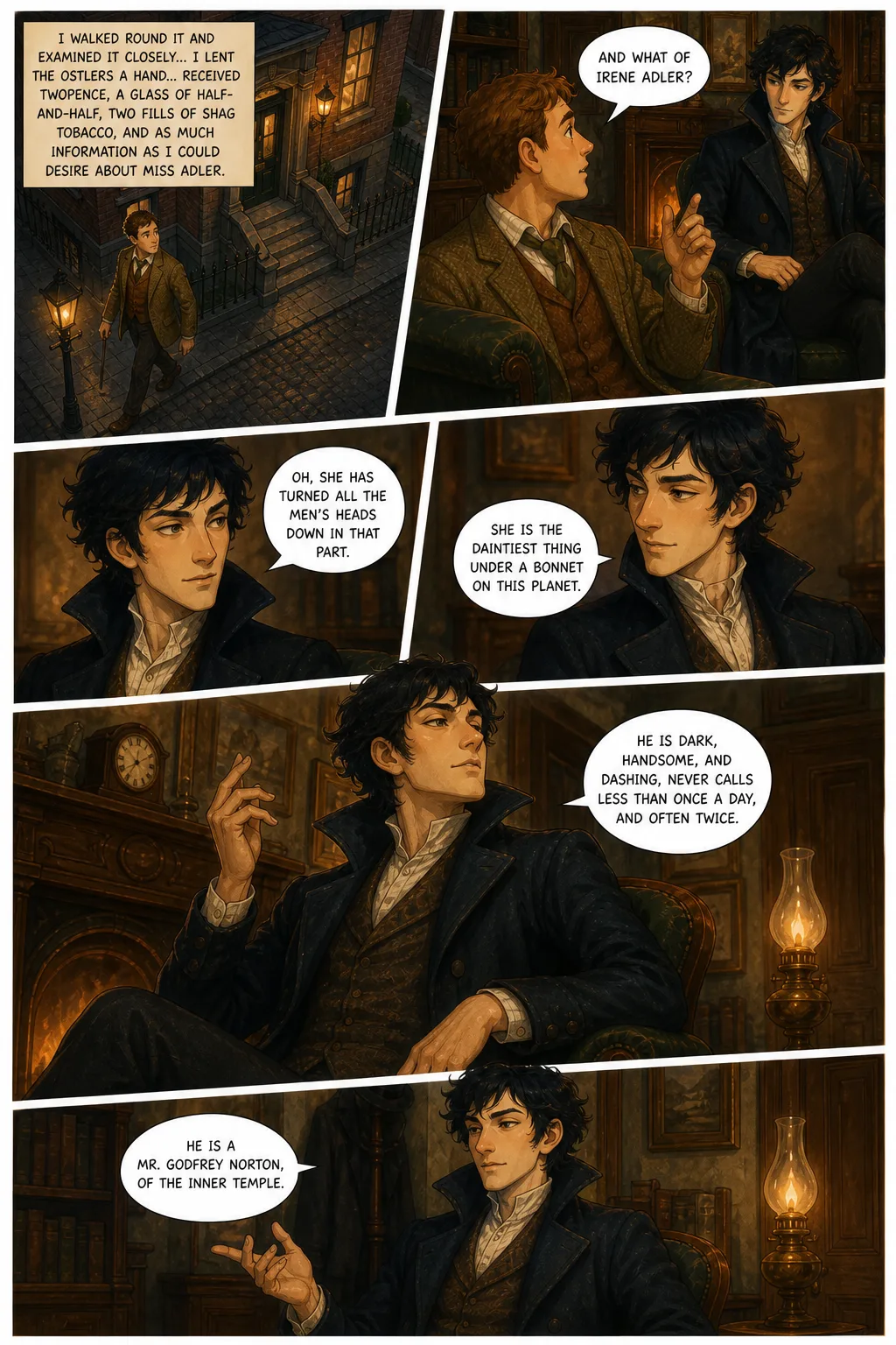 The Adventures of Sherlock Holmes, illustrated page 18: I walked round it and examined it closely... I lent the ostlers a hand... received twopence, a glass of half‑and‑half, two fills of shag tobacco, and as much...
