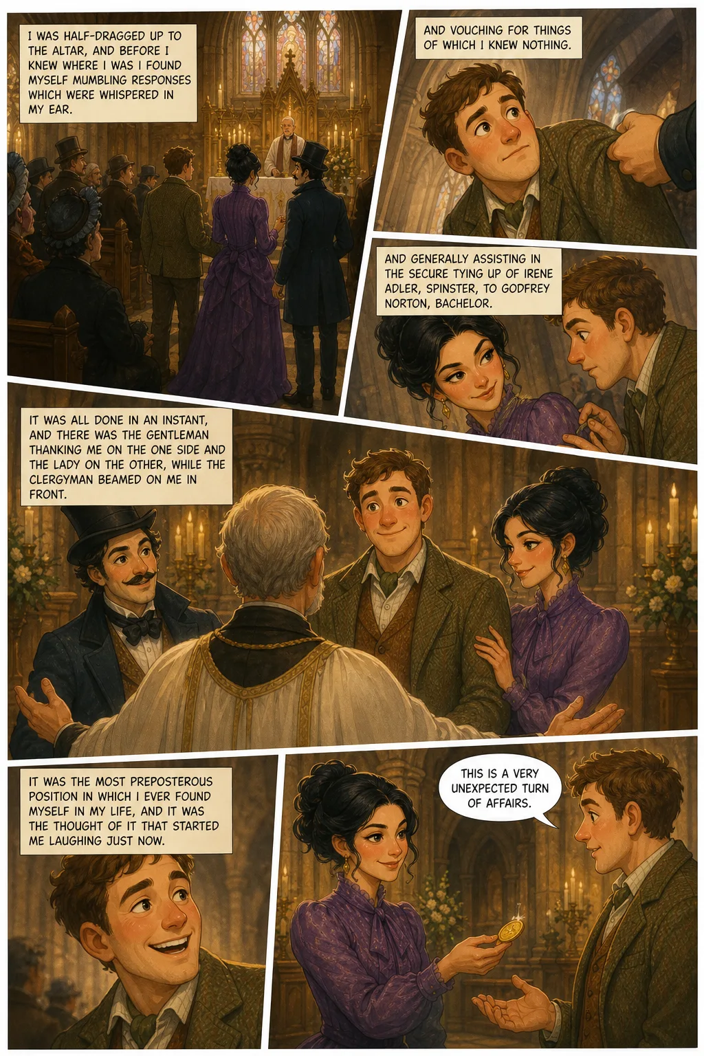 The Adventures of Sherlock Holmes, illustrated page 20: I was half-dragged up to the altar, and before I knew where I was I found myself mumbling responses which were whispered in my ear,