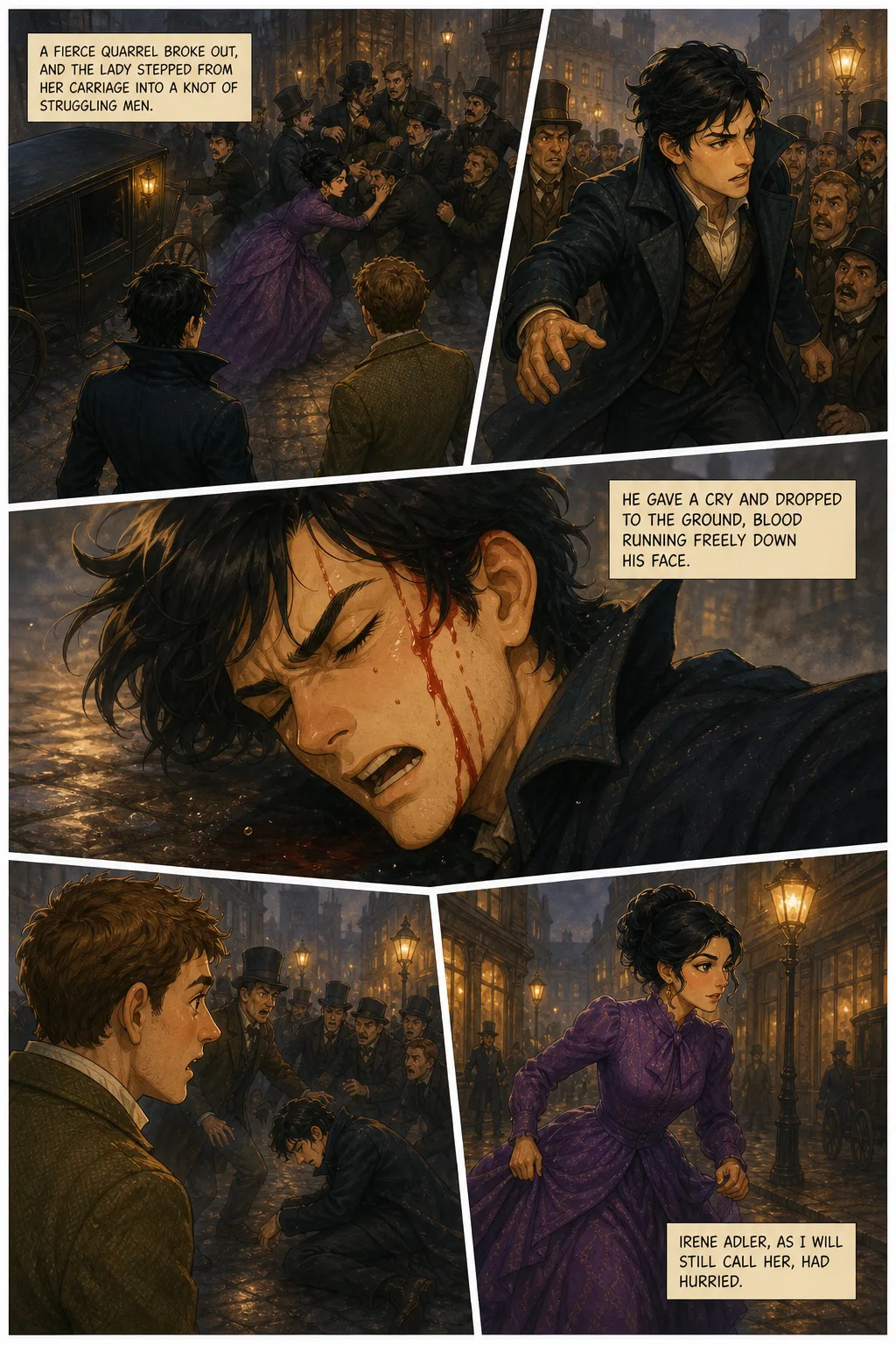 The Adventures of Sherlock Holmes, illustrated page 23: A fierce quarrel broke out, and the lady stepped from her carriage into a knot of struggling men.