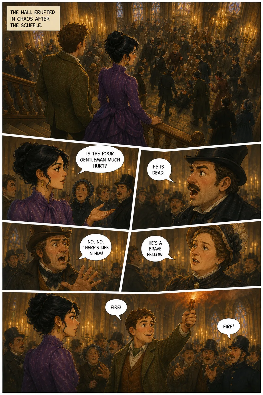 The Adventures of Sherlock Holmes, illustrated page 24: The hall erupted in chaos after the scuffle.
