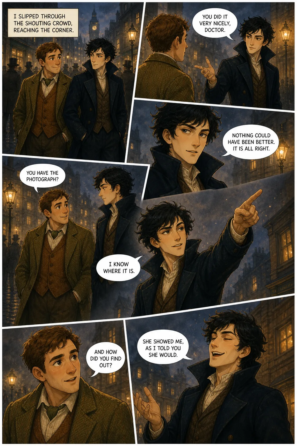 The Adventures of Sherlock Holmes, illustrated page 26: I slipped through the shouting crowd, reaching the corner.