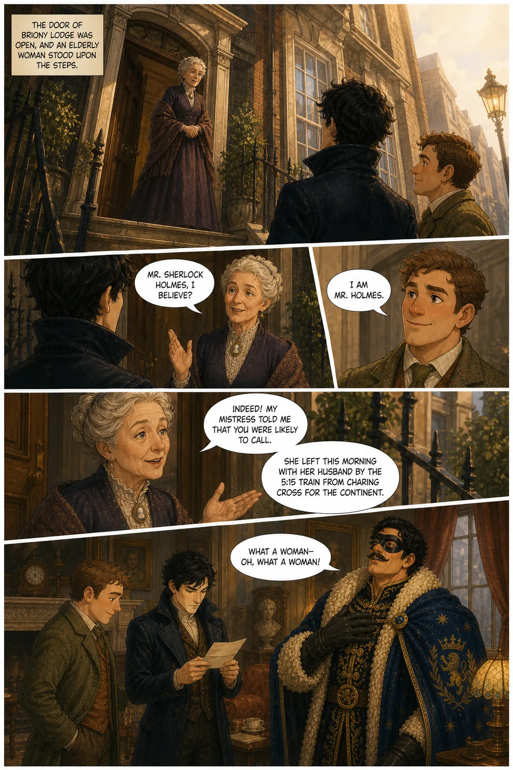 The Adventures of Sherlock Holmes, illustrated page 31: The door of Briony Lodge was open, and an elderly woman stood upon the steps.