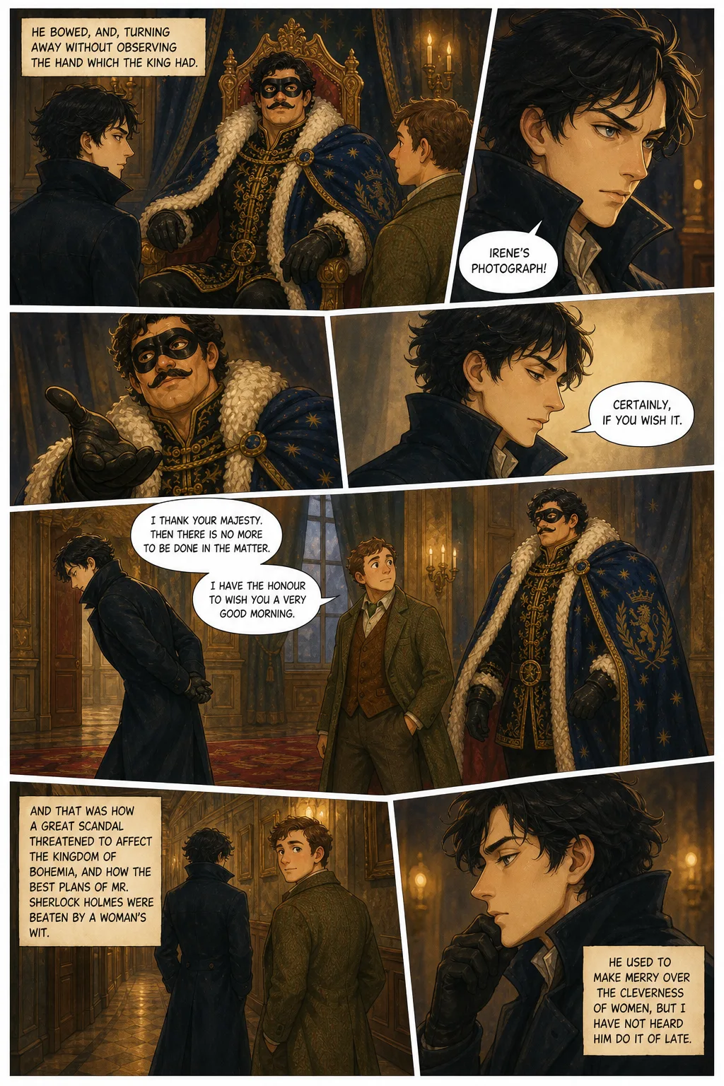 The Adventures of Sherlock Holmes, illustrated page 33: He bowed, and, turning away without observing the hand which the King had