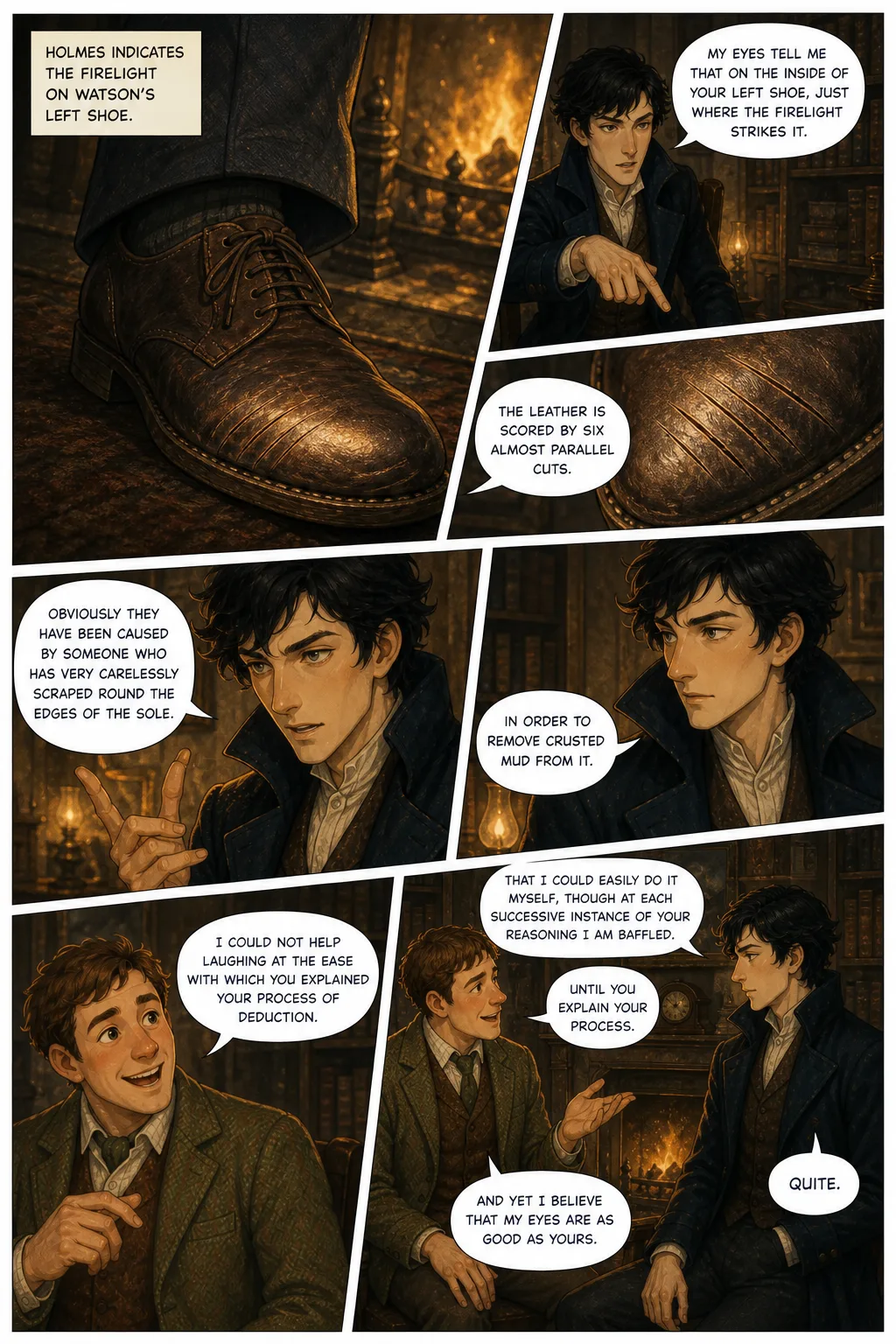The Adventures of Sherlock Holmes, illustrated page 5: Holmes indicates the firelight on Watson's left shoe.