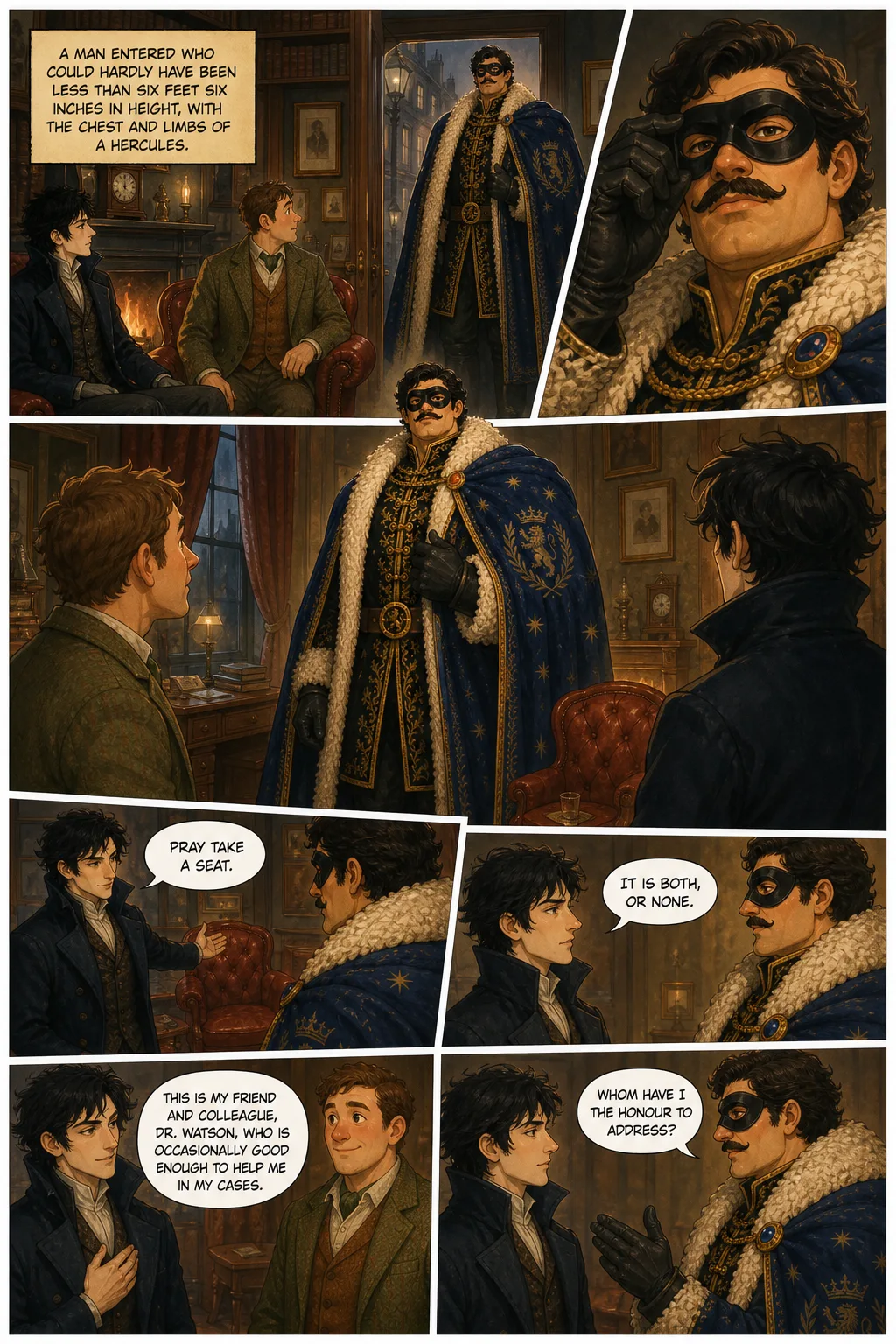 The Adventures of Sherlock Holmes, illustrated page 9: A man entered who could hardly have been less than six feet six inches in height, with the chest and limbs of a Hercules.