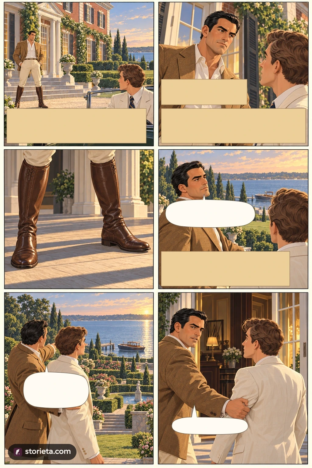 The Great Gatsby, illustrated page 4: That warm windy evening, Tom Buchanan was waiting on his front porch.