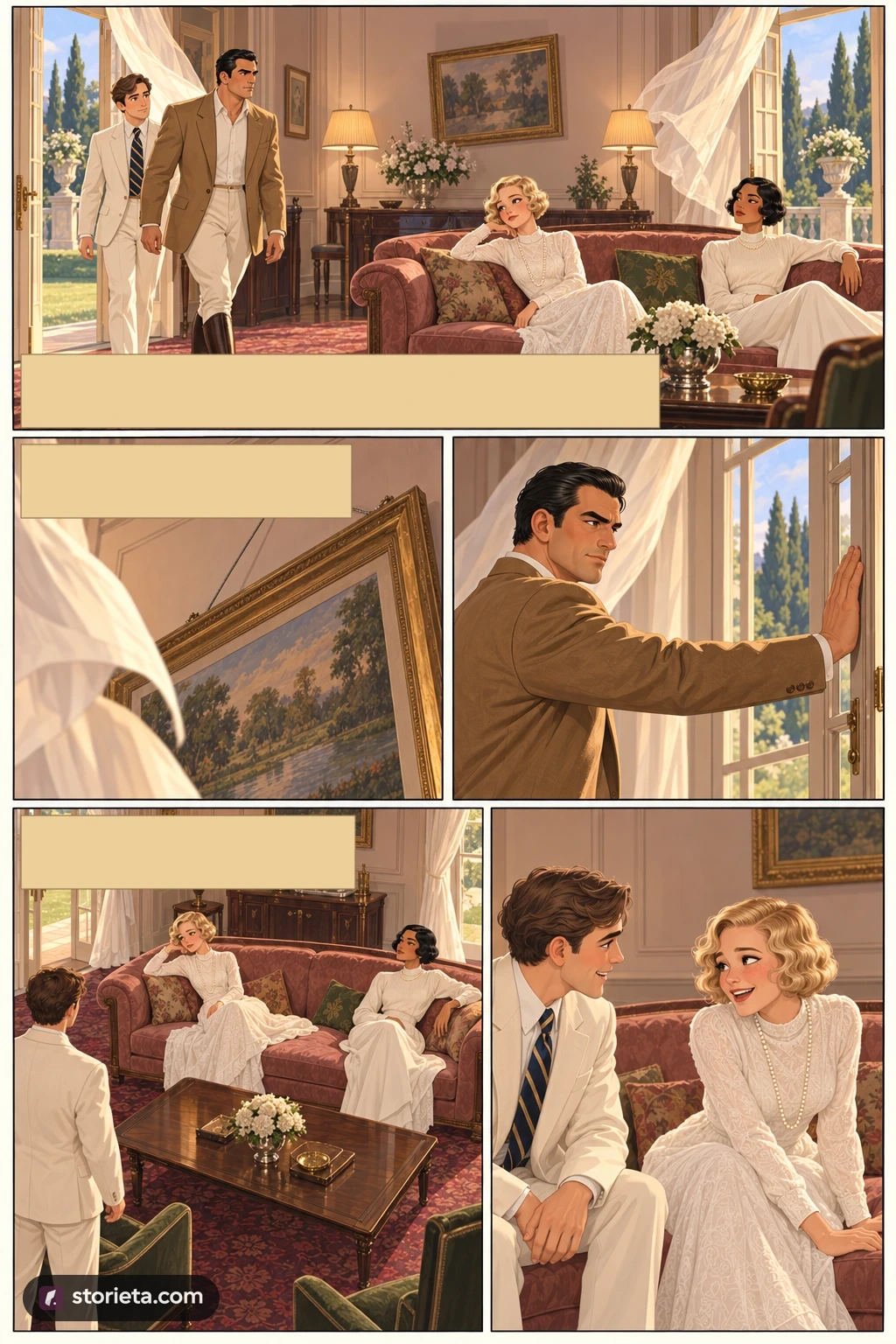 The Great Gatsby, illustrated page 5: Tom brought me through the high hallway into a bright, rosy-coloured room.