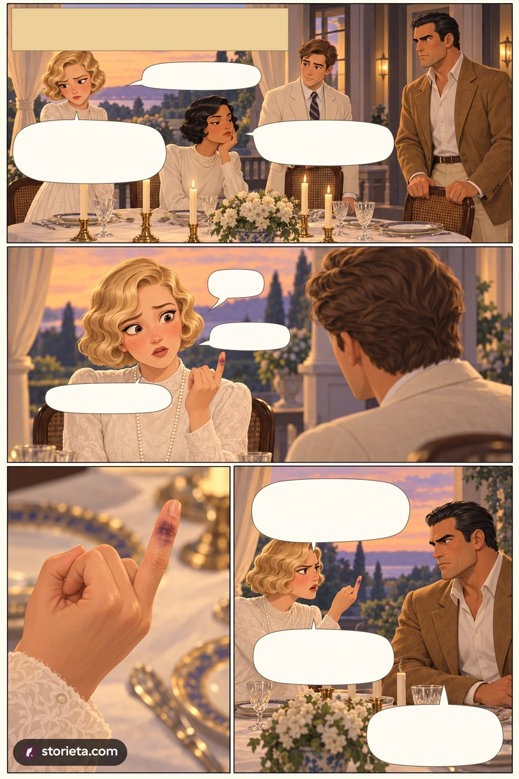 The Great Gatsby, illustrated page 9: We went out onto a rosy-coloured porch, open toward the sunset.