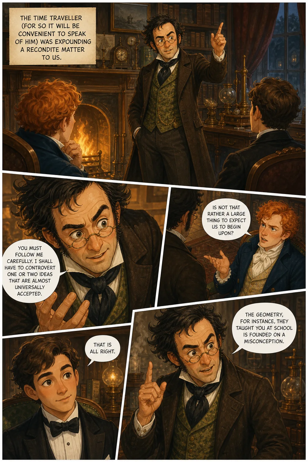 The Time Machine, illustrated page 1: The Time Traveller (for so it will be convenient to speak of him) was expounding a recondite matter to us.