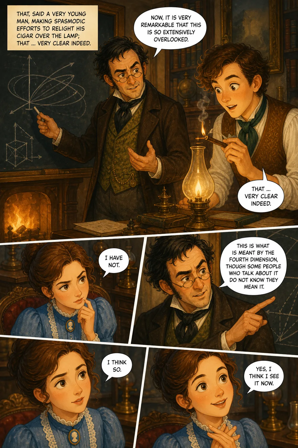 The Time Machine, illustrated page 3: That, said a very young man, making spasmodic efforts to relight his cigar over the lamp; that ... very clear indeed.