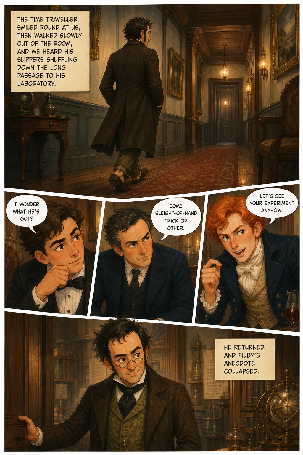 The Time Machine, illustrated page 6: The Time Traveller smiled round at us, then walked slowly out of the room, and we heard his slippers shuffling down the long passage to his laboratory.
