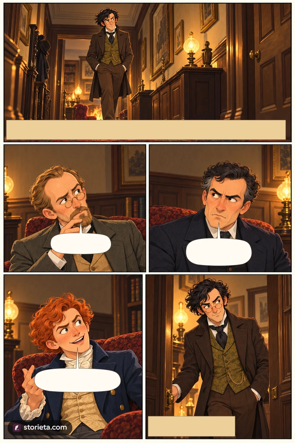 The Time Machine, illustrated page 6: The Time Traveller smiled round at us, then walked slowly out of the room, and we heard his slippers shuffling down the long passage to his laboratory.