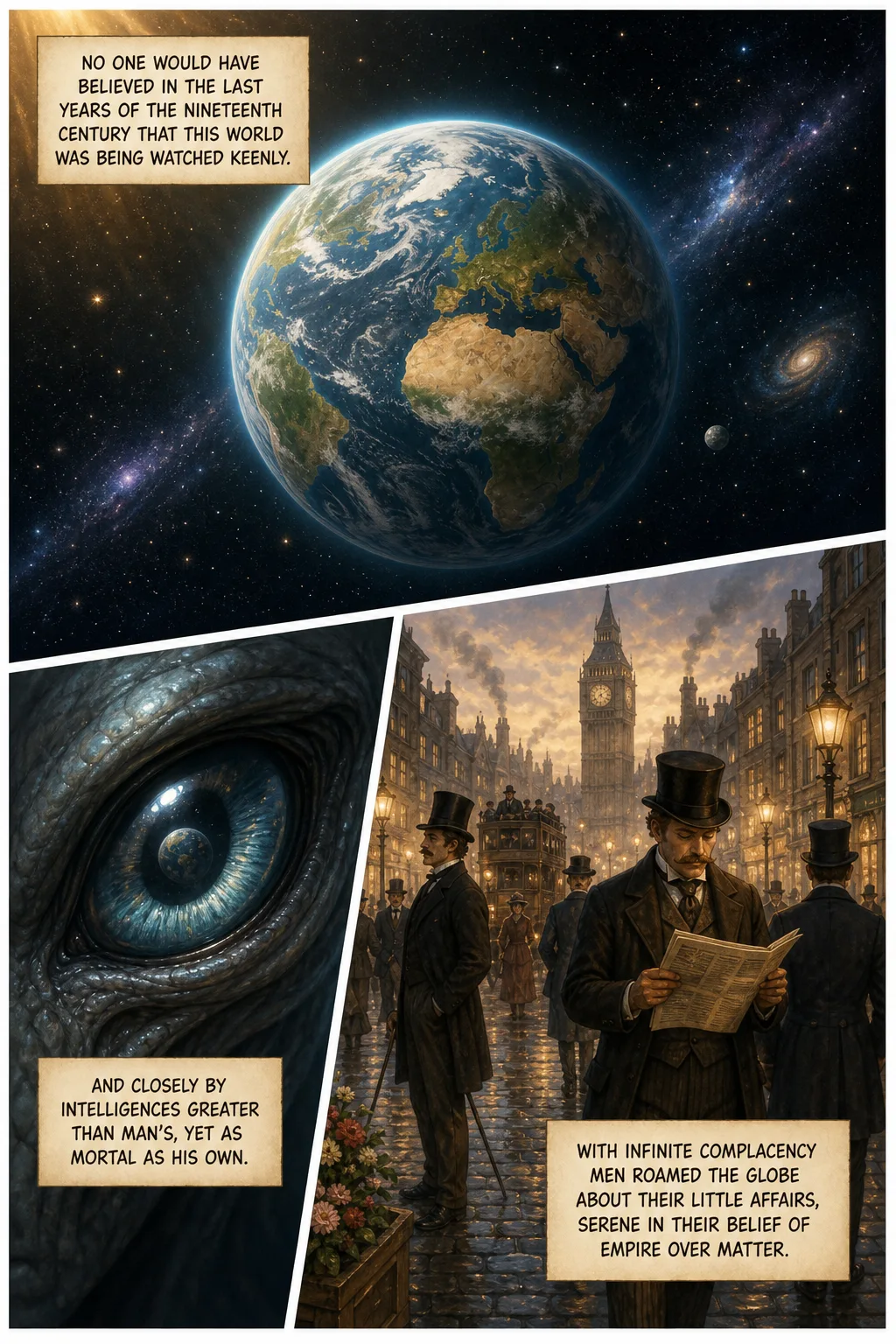 The War of the Worlds, illustrated page 1: No one would have believed in the last years of the nineteenth century that this world was being watched keenly;