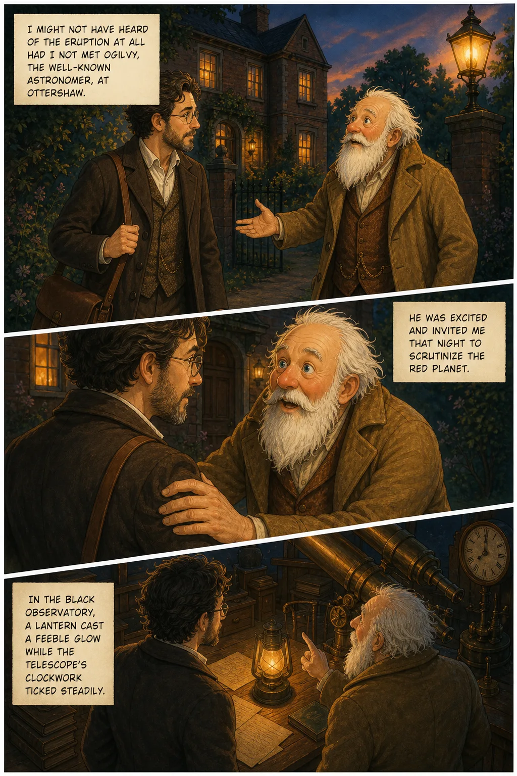 The War of the Worlds, illustrated page 3: I might not have heard of the eruption at all had I not met Ogilvy, the well‑known astronomer, at Ottershaw.