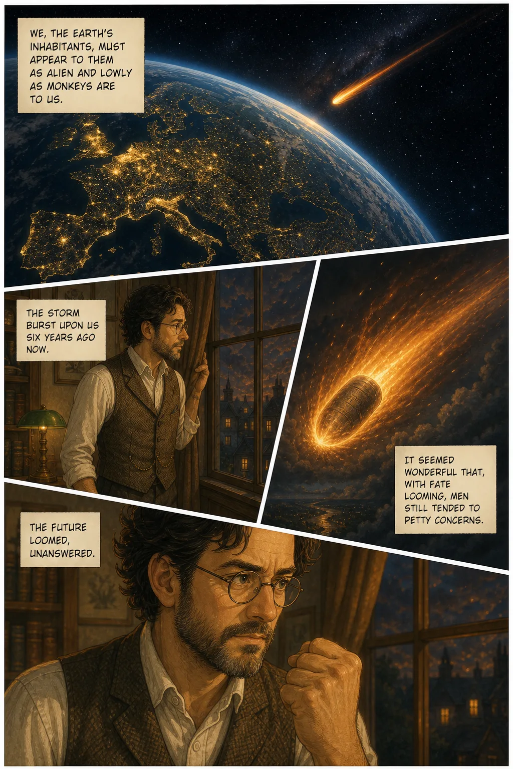 The War of the Worlds, illustrated page 6: We, the earth's inhabitants, must appear to them as alien and lowly as monkeys are to us.