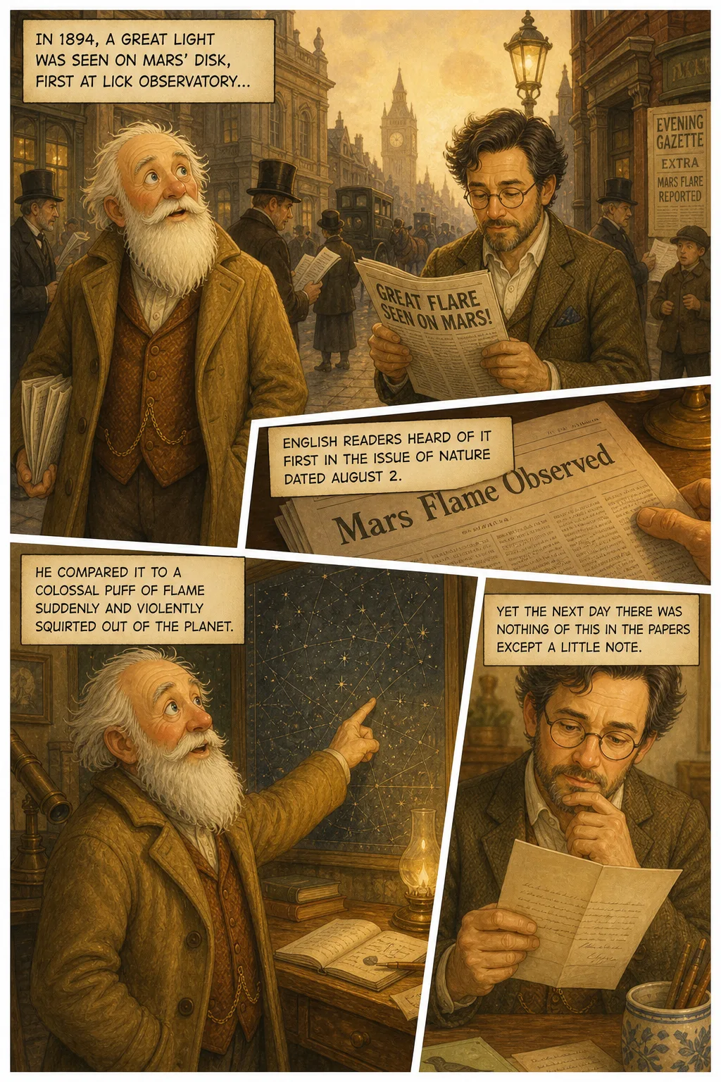The War of the Worlds, illustrated page 7: In 1894, a great light was seen on Mars' disk, first at Lick Observatory…