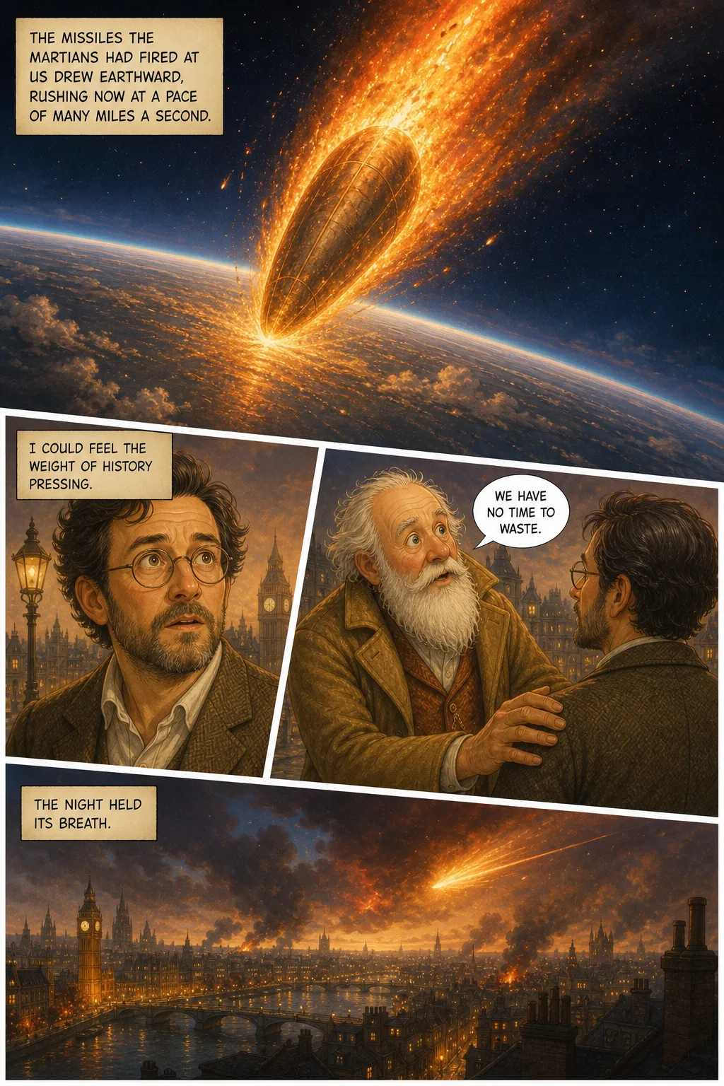 The War of the Worlds, illustrated page 8: The missiles the Martians had fired at us drew earthward, rushing now at a pace of many miles a second.