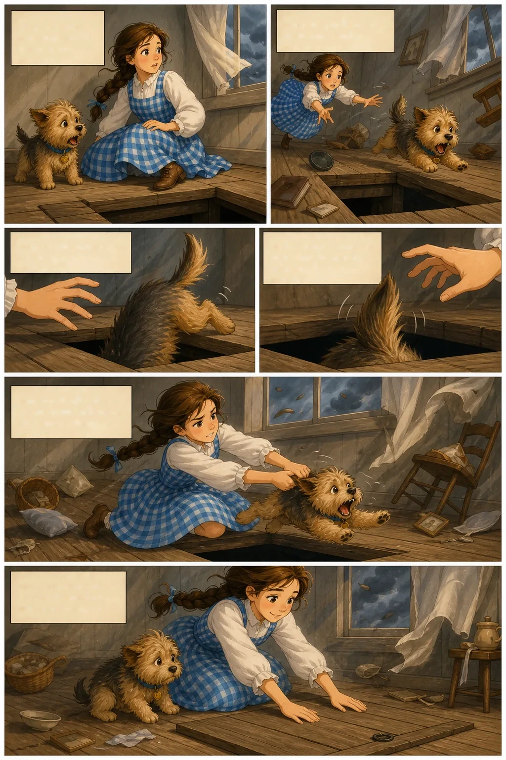 The Wonderful Wizard of Oz, illustrated page 6: It was very dark, and the wind howled horribly around her.