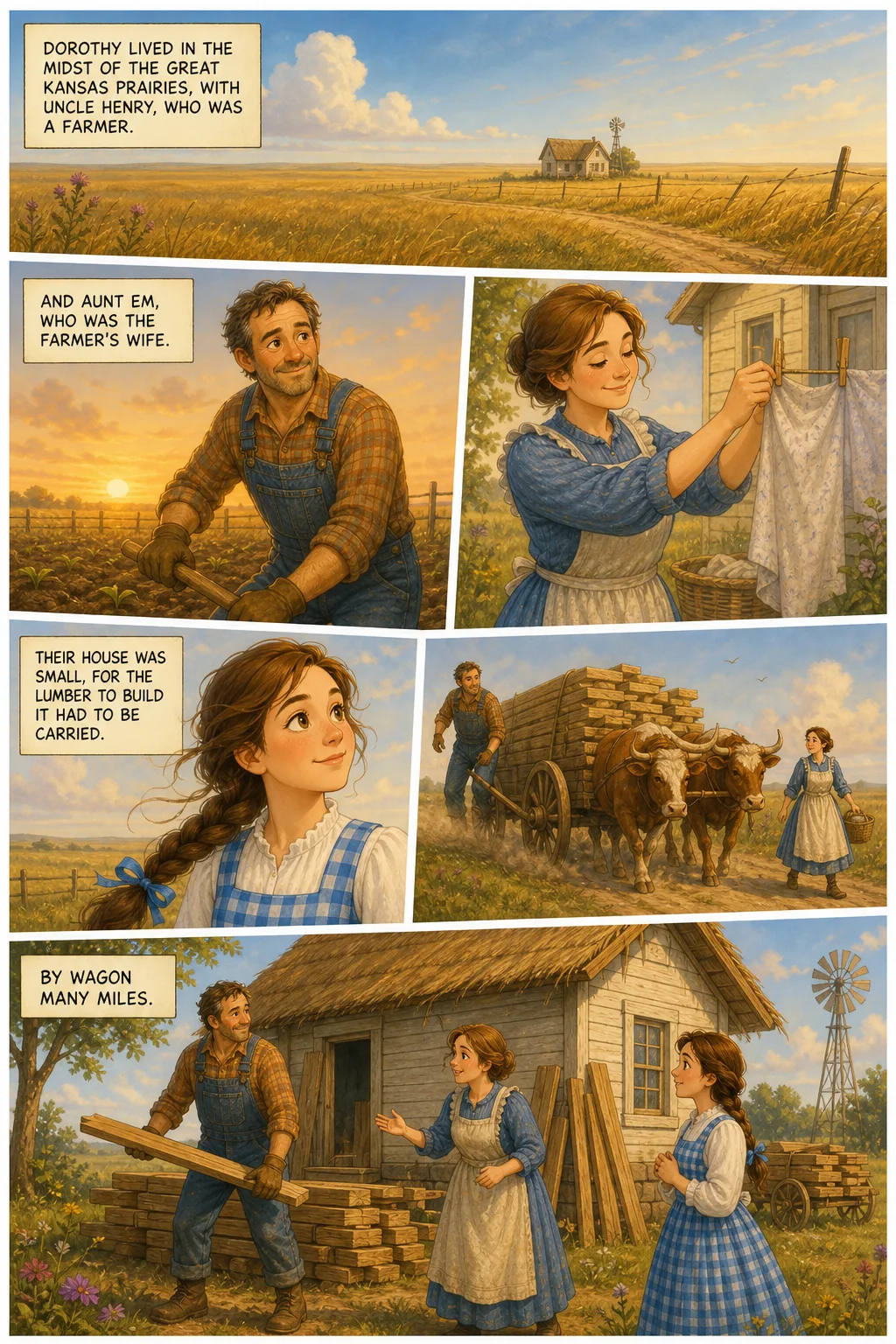 The Wonderful Wizard of Oz, illustrated page 1: Dorothy lived in the midst of the great Kansas prairies, with Uncle Henry, who was a farmer,