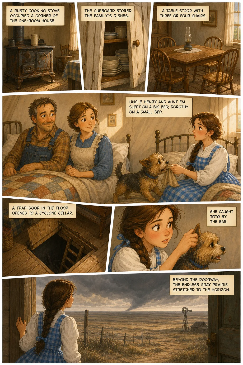 The Wonderful Wizard of Oz, illustrated page 2: A rusty cooking stove occupied a corner of the one‑room house.
