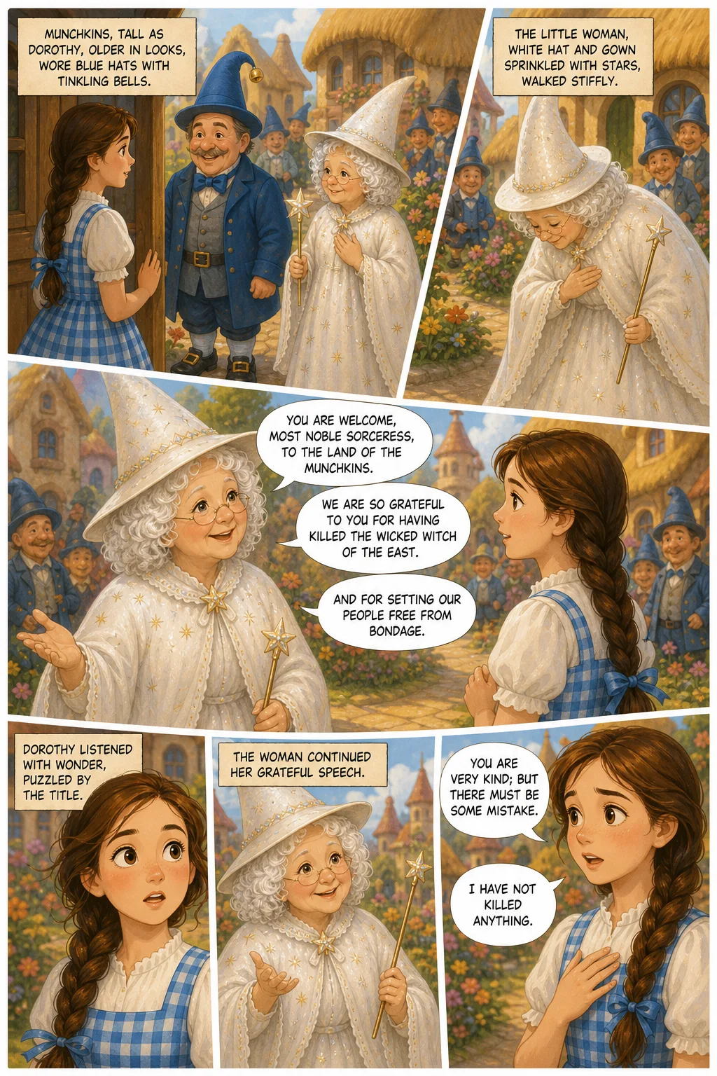 The Wonderful Wizard of Oz, illustrated page 11: Munchkins, tall as Dorothy, older in looks, wore blue hats with tinkling bells.