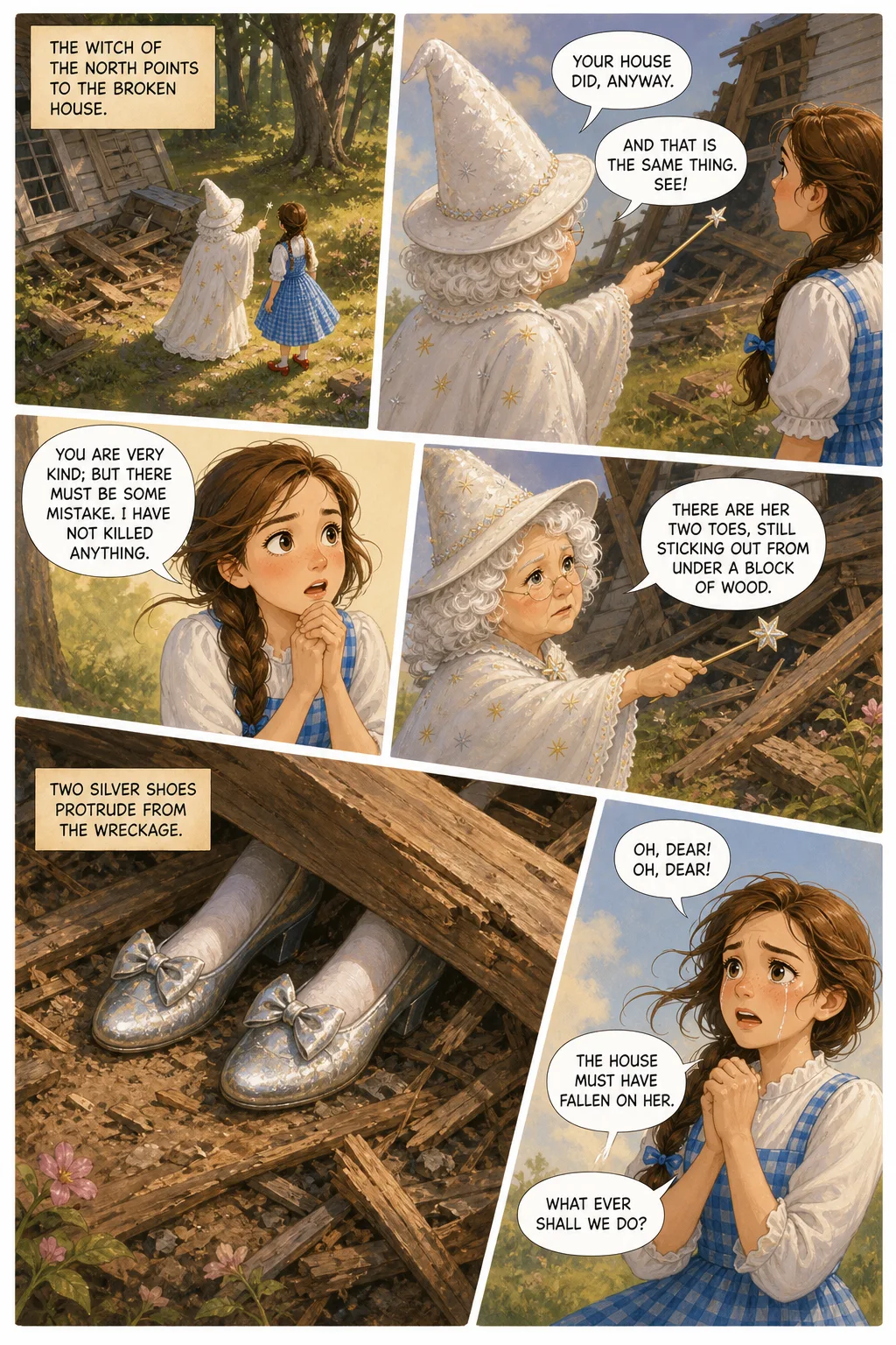 The Wonderful Wizard of Oz, illustrated page 12: The Witch of the North points to the broken house.