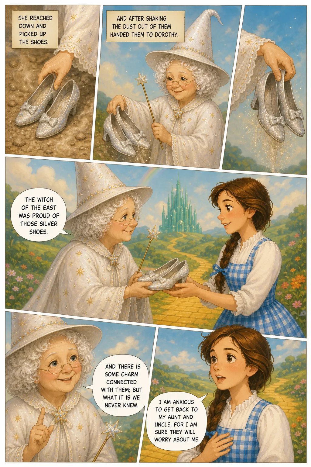 The Wonderful Wizard of Oz, illustrated page 15: She reached down and picked up the shoes,