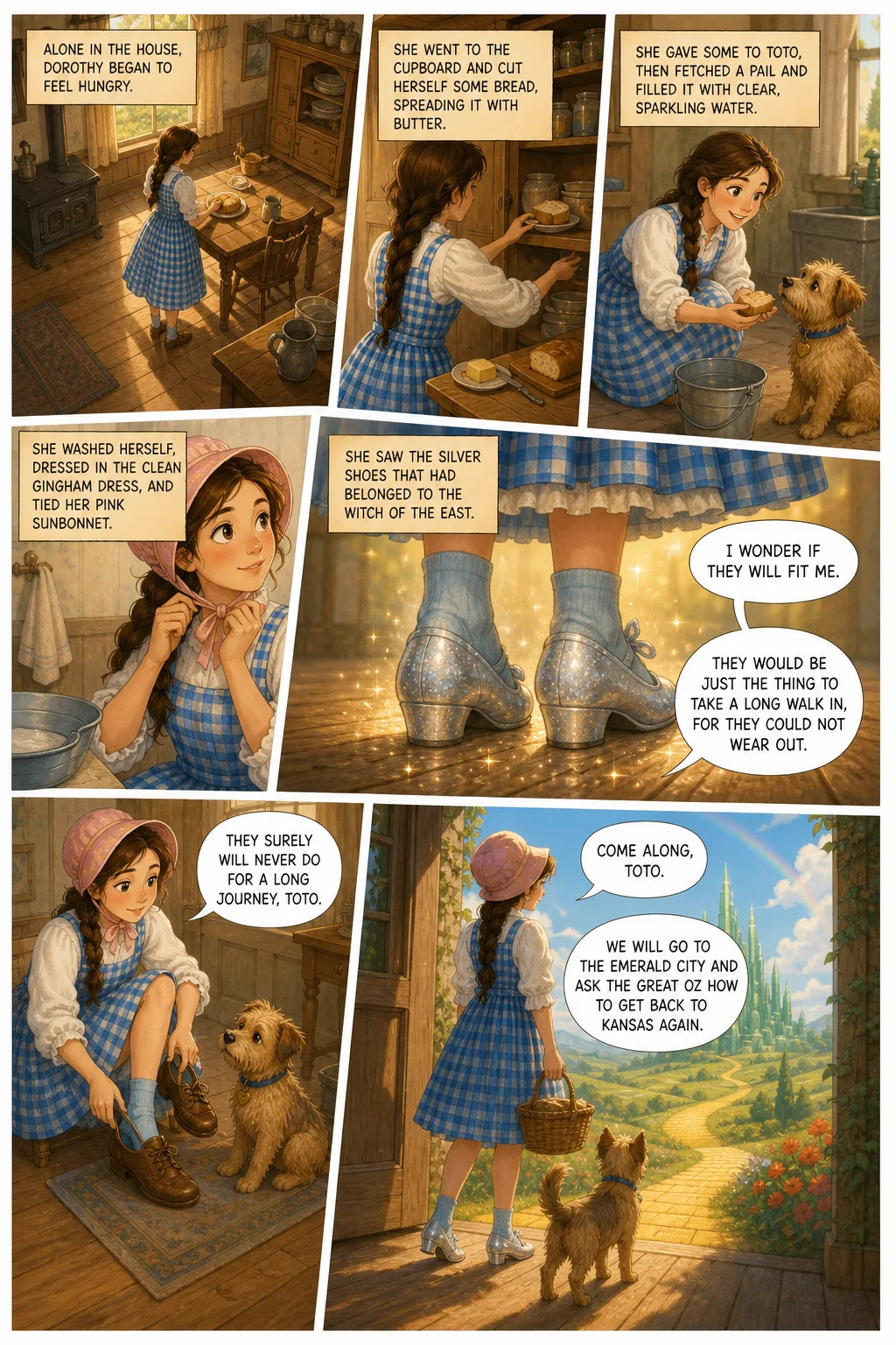 The Wonderful Wizard of Oz, illustrated page 19: Alone in the house, Dorothy began to feel hungry.