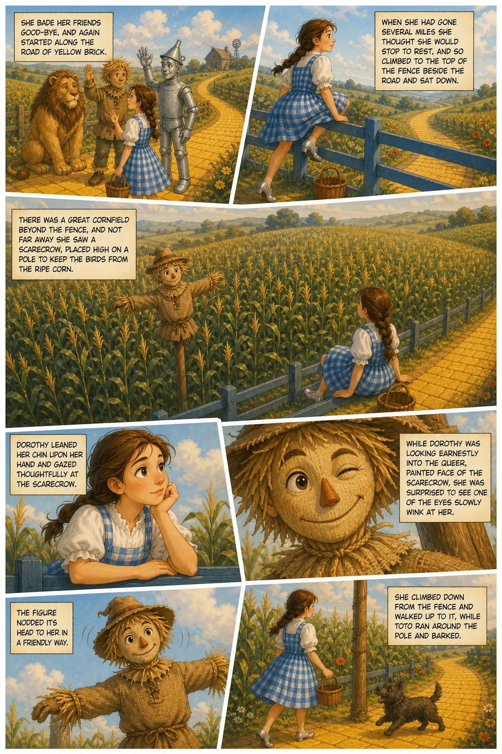 The Wonderful Wizard of Oz, illustrated page 25: She bade her friends good‑bye, and again started along the road of yellow brick.
