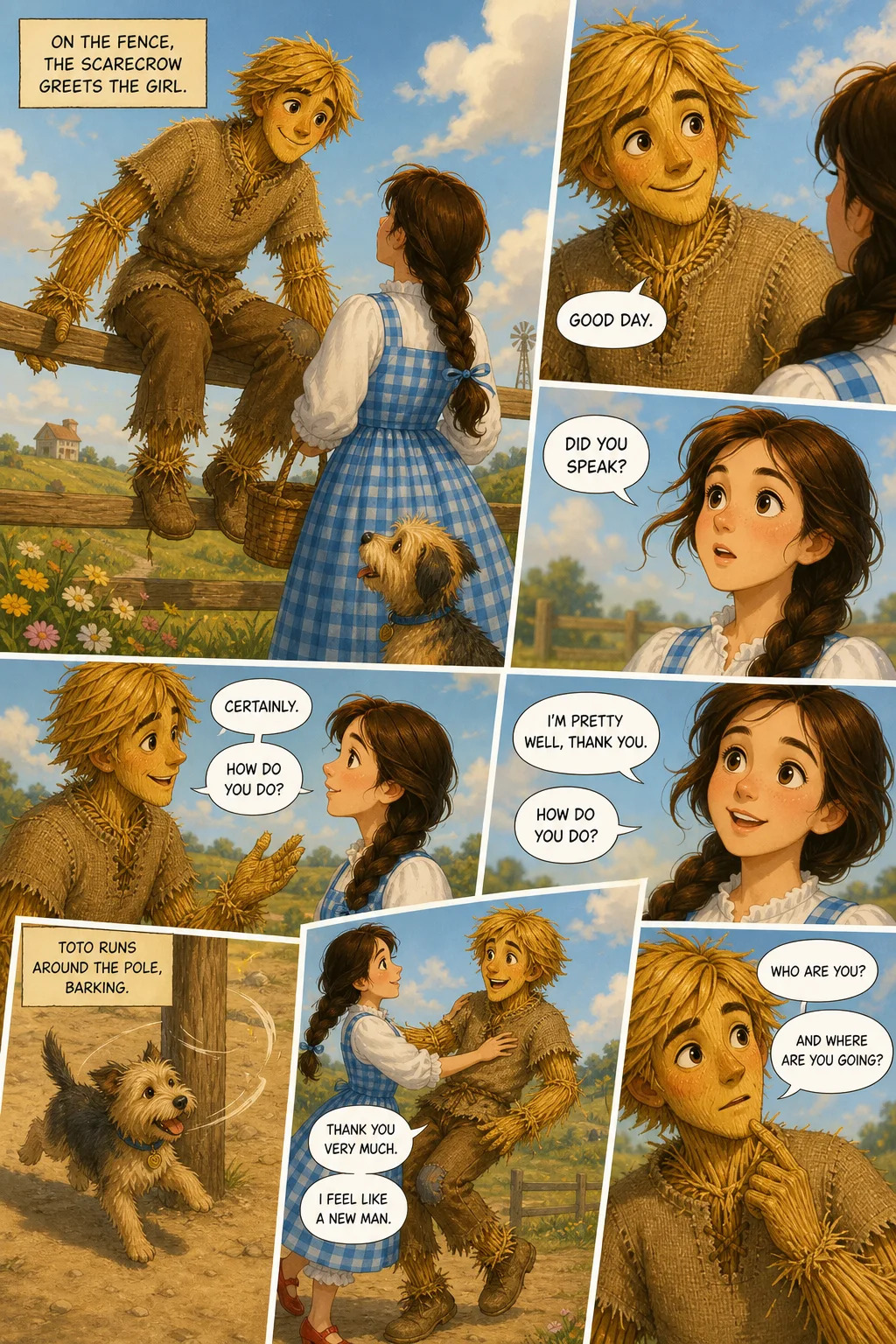 The Wonderful Wizard of Oz, illustrated page 26: On the fence, the Scarecrow greets the girl.