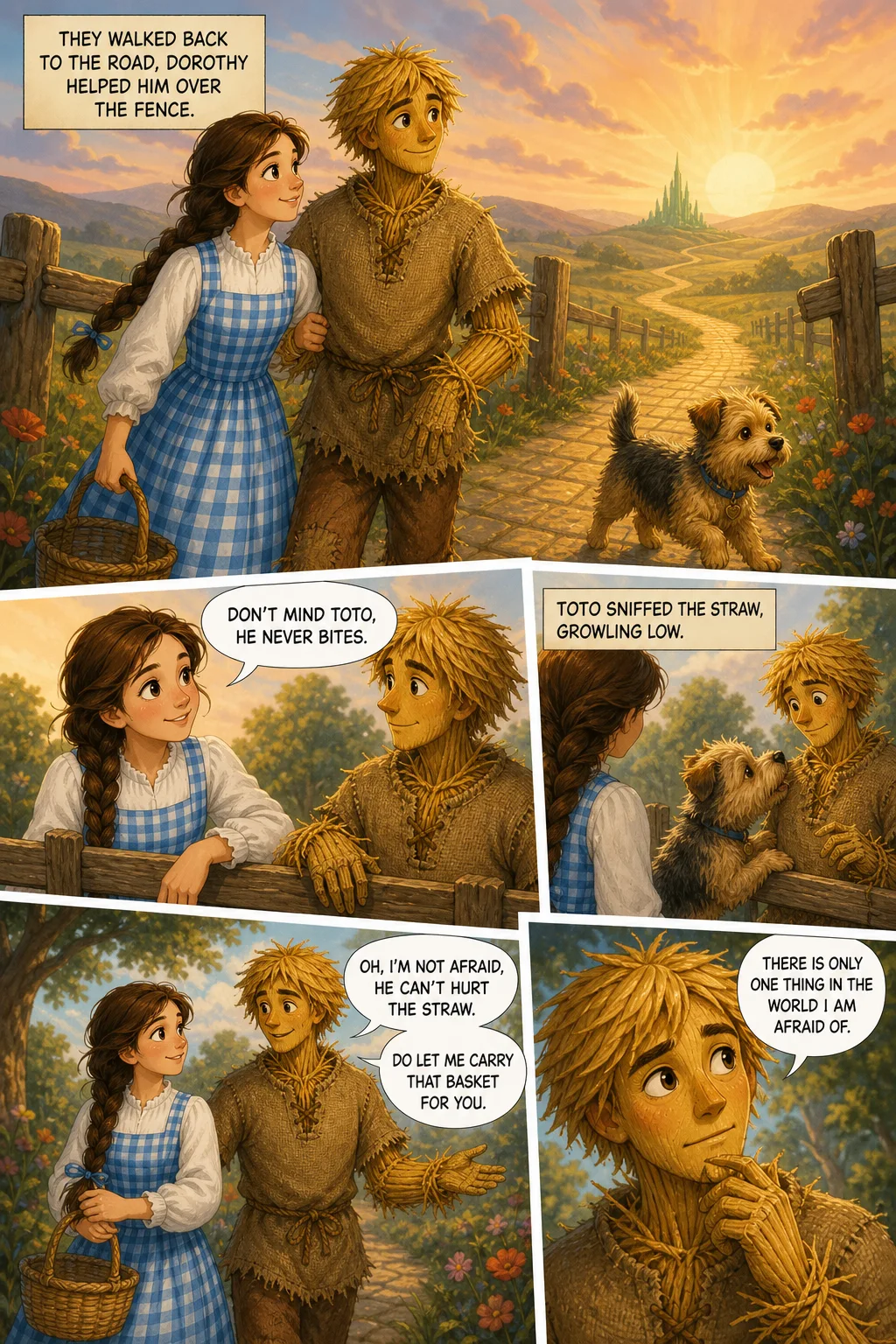 The Wonderful Wizard of Oz, illustrated page 28: They walked back to the road, Dorothy helped him over the fence,