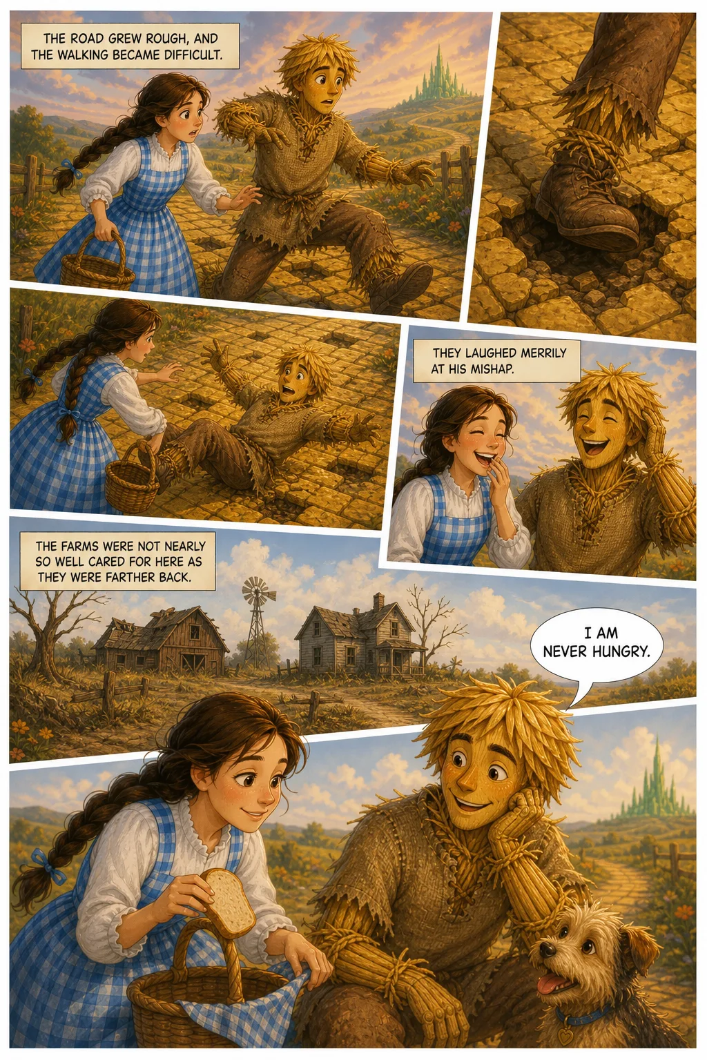 The Wonderful Wizard of Oz, illustrated page 29: The road grew rough, and the walking became difficult.