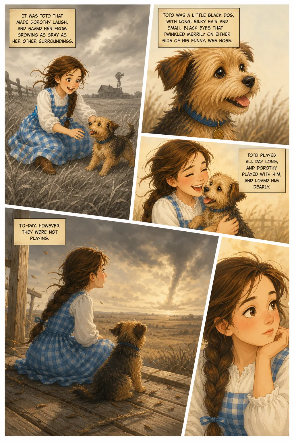 The Wonderful Wizard of Oz, illustrated page 4: It was Toto that made Dorothy laugh, and saved her from growing as gray as her other surroundings.