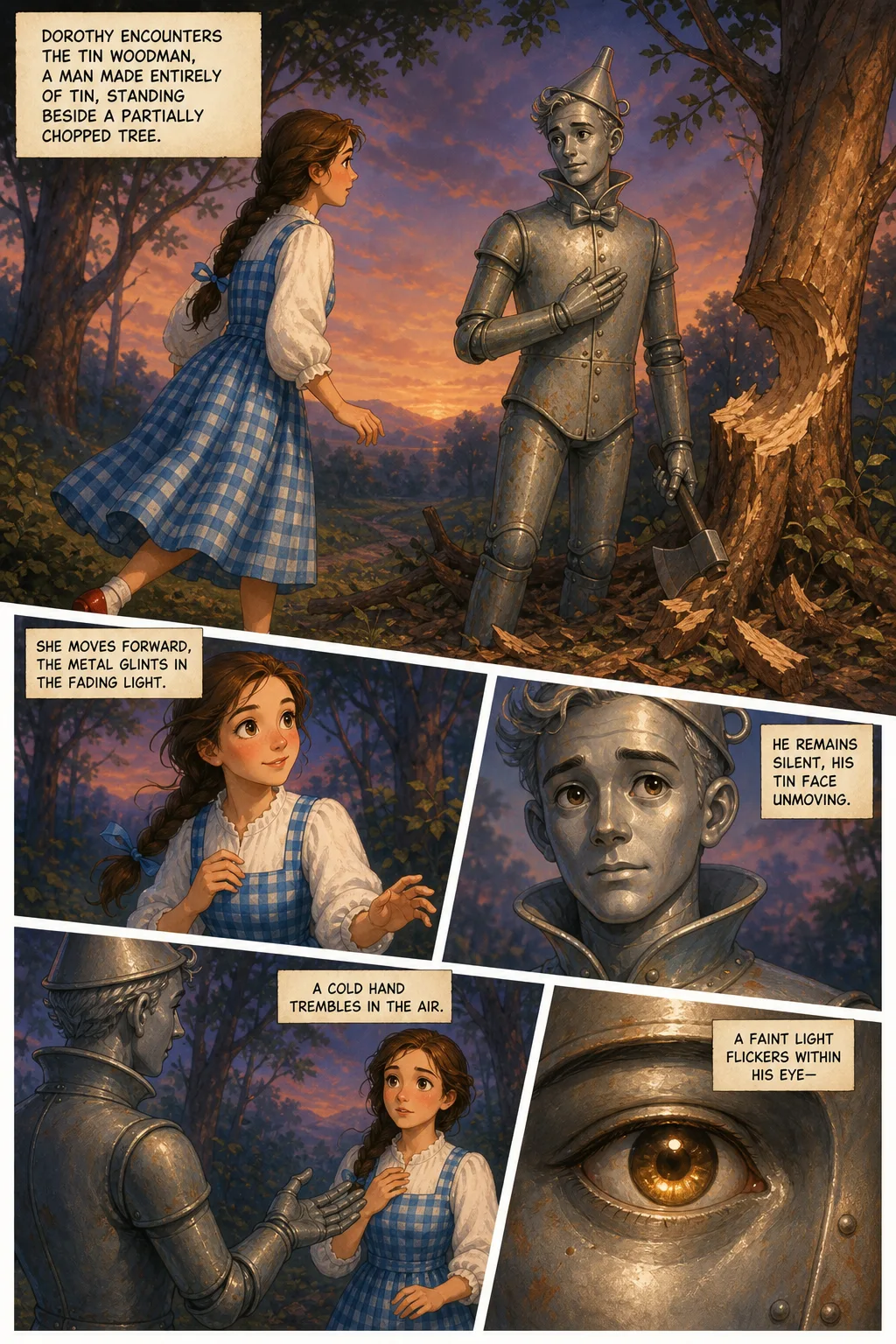 The Wonderful Wizard of Oz, illustrated page 31: Dorothy encounters the Tin Woodman, a man made entirely of tin, standing beside a partially chopped tree.
