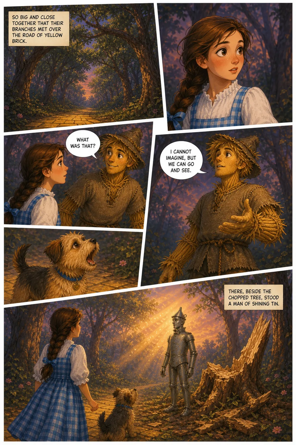 The Wonderful Wizard of Oz, illustrated page 34: so big and close together that their branches met over the road of yellow brick.