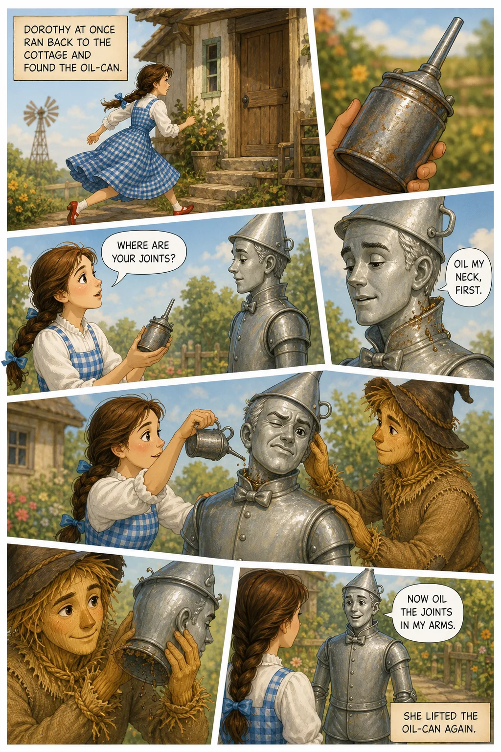 The Wonderful Wizard of Oz, illustrated page 37: Dorothy at once ran back to the cottage and found the oil‑can.