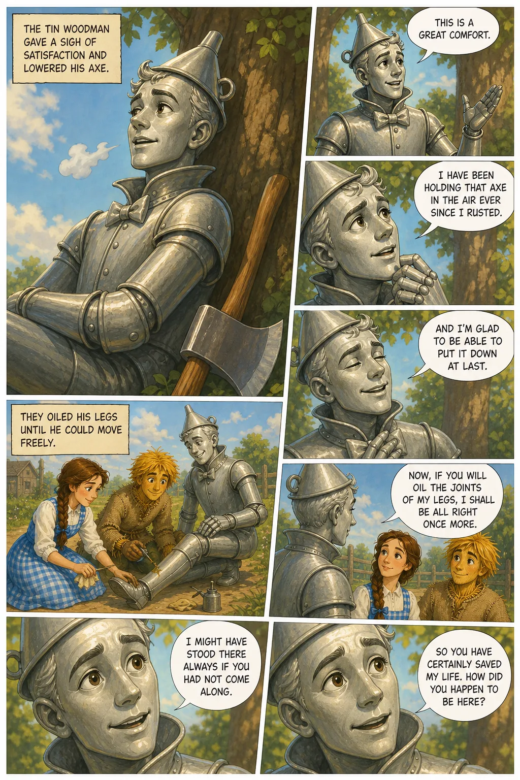 The Wonderful Wizard of Oz, illustrated page 38: The Tin Woodman gave a sigh of satisfaction and lowered his axe.