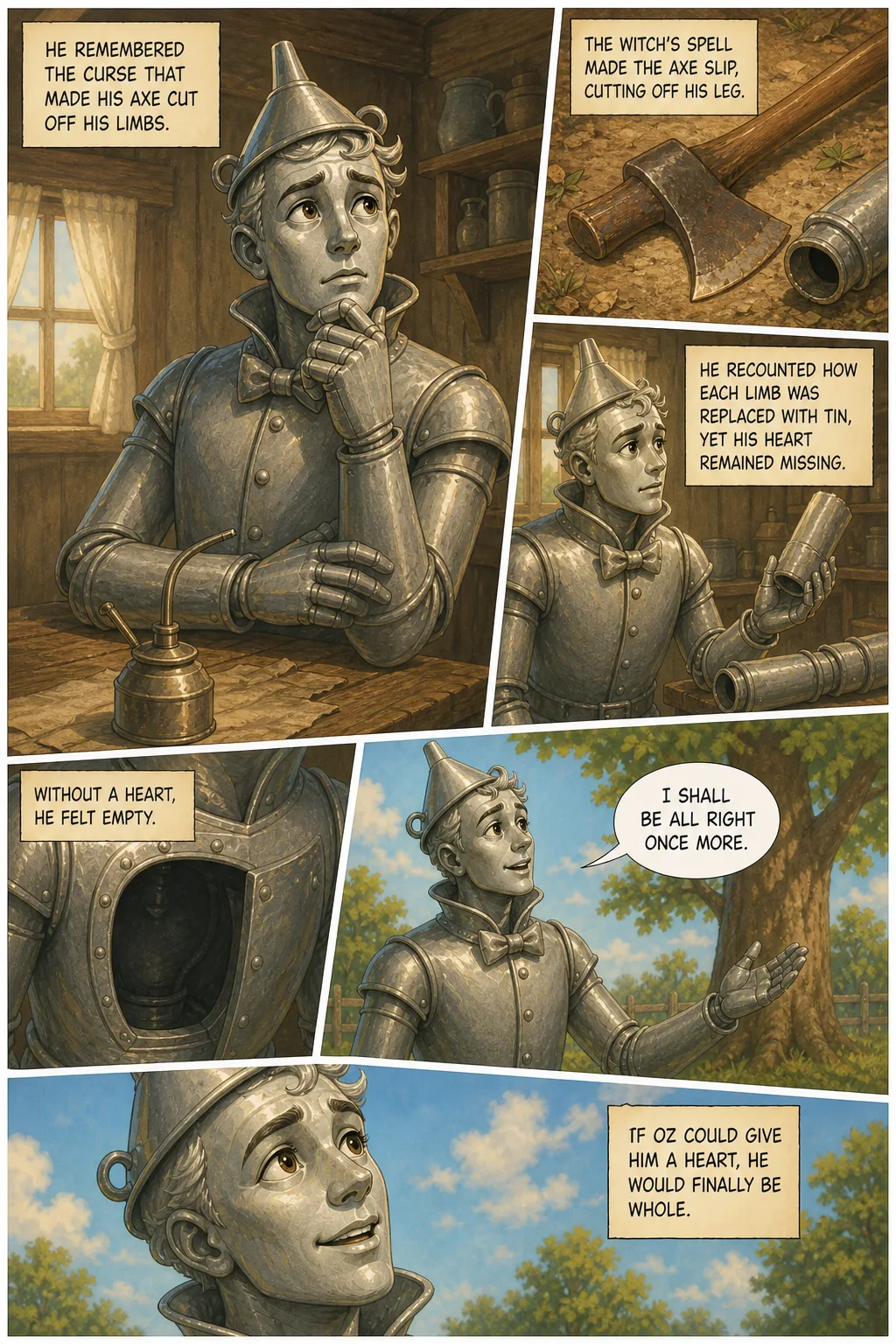 The Wonderful Wizard of Oz, illustrated page 40: He remembered the curse that made his axe cut off his limbs.