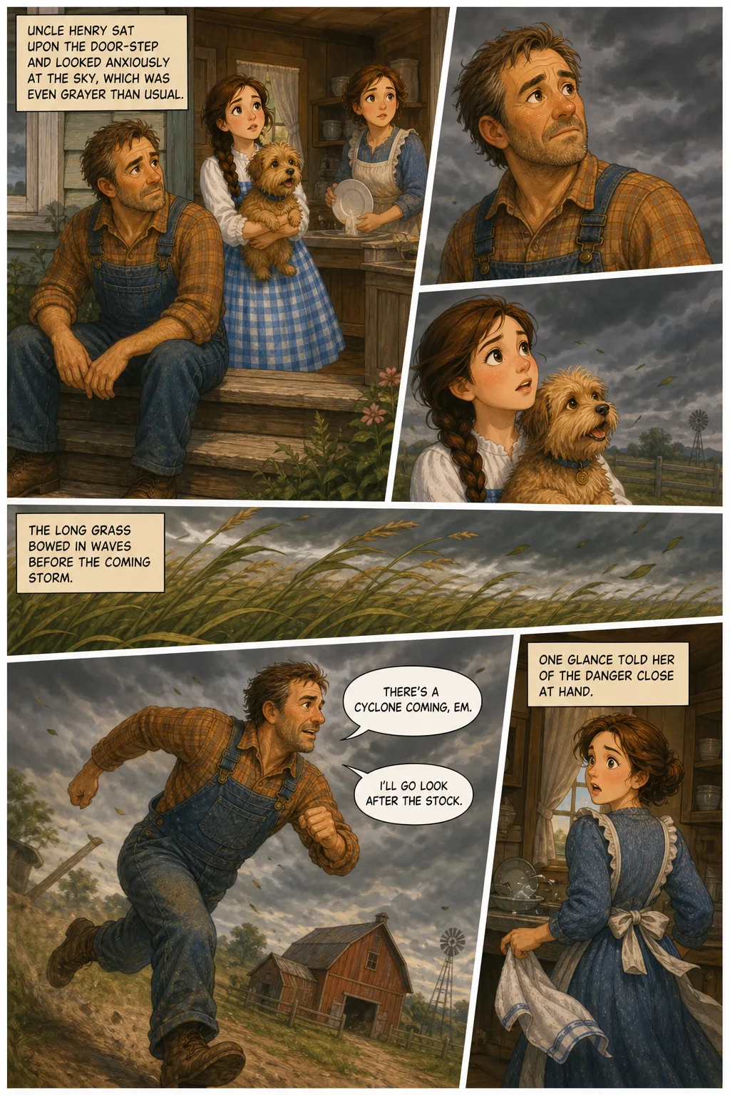 The Wonderful Wizard of Oz, illustrated page 5: Uncle Henry sat upon the door-step and looked anxiously at the sky, which was even grayer than usual.