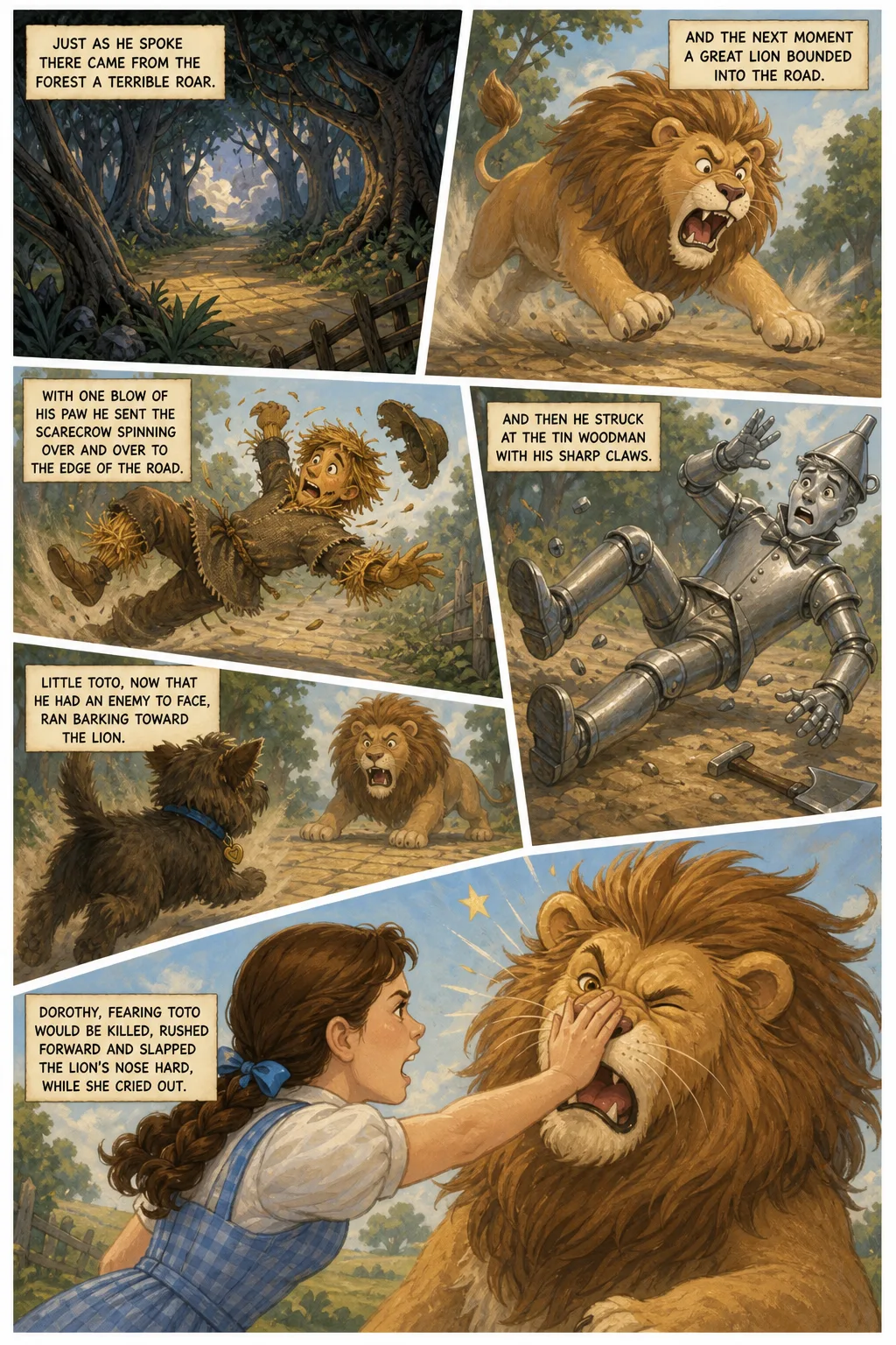 The Wonderful Wizard of Oz, illustrated page 41: Just as he spoke there came from the forest a terrible roar,