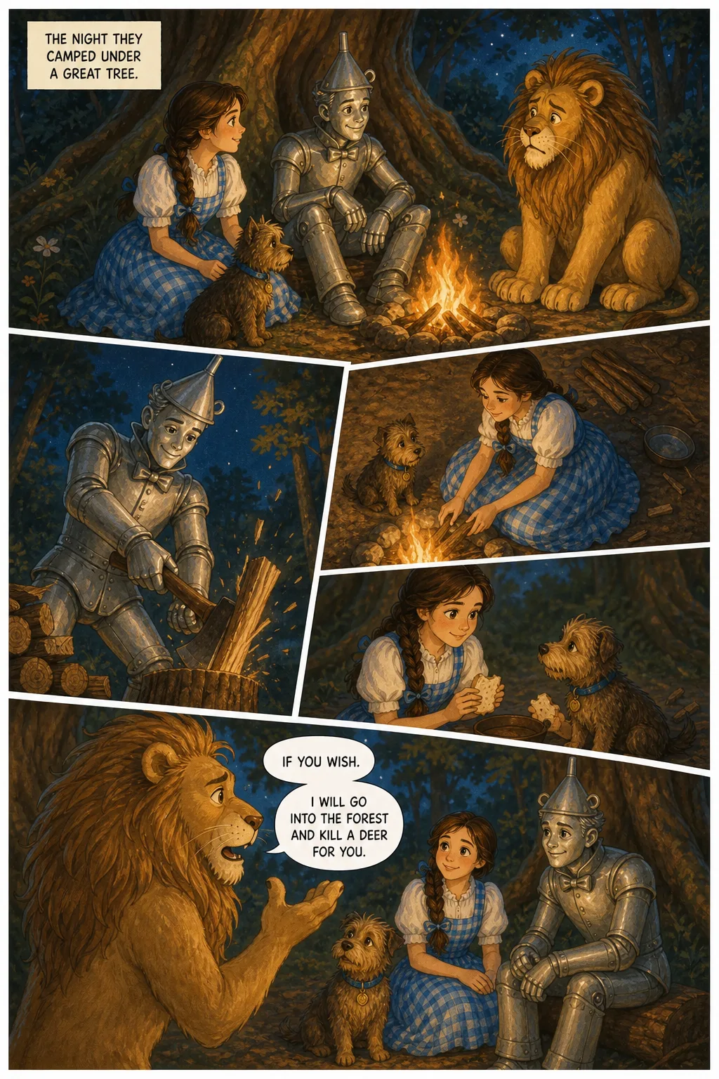 The Wonderful Wizard of Oz, illustrated page 47: The night they camped under a great tree.