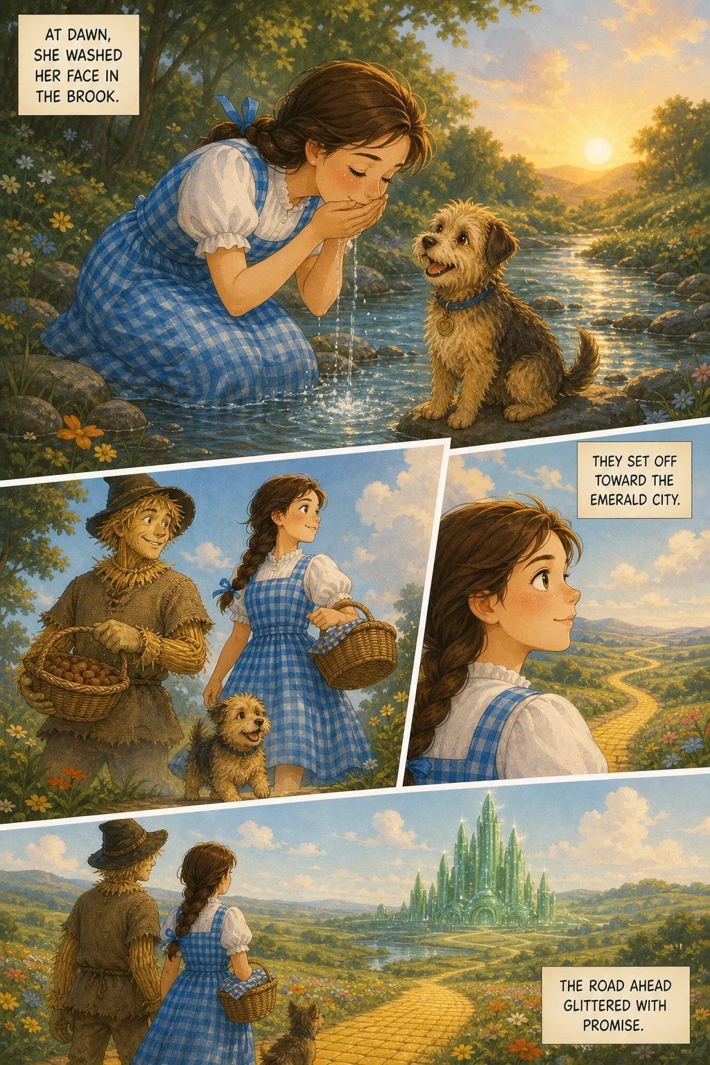 The Wonderful Wizard of Oz, illustrated page 50: At dawn, she washed her face in the brook.